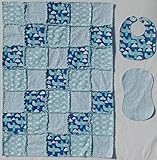 Happy Airplanes and Stars with Blue and White Accent Fabrics Baby Rag Quilt with Matching Burp Cloth