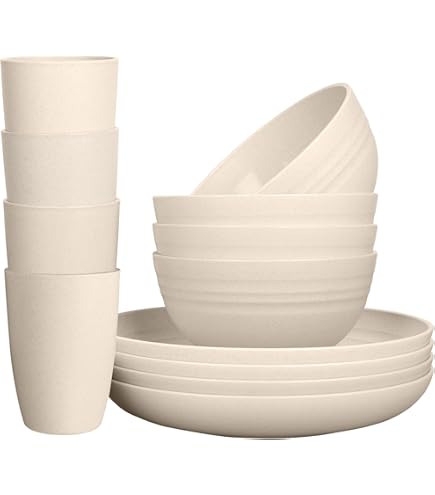 thumbnail image 2 of Dish Set Miizula Premium 16 Pcs Beige Wheat Straw Plastic Dinnerware Sets - Unbreakable Reusable Wheat Straw Bowls And Plates Dinner Set - Microwave Dishwasher Freezer Safe - Deep Spillproof - Eco 2 of 13