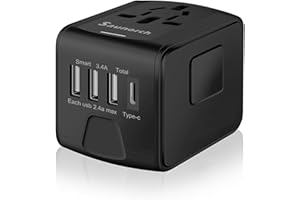 SAUNORCH Universal International Travel Power Adapter W/High Speed 2.4A USB-A, 3.0A Type-C Wall Charger, European Adapter, Worldwide AC Outlet Plugs Adapters for Europe, UK, US, AU, Asia-Black
