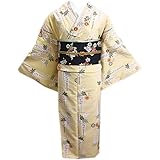 [和さくら庵] 着物 洗える 単衣 小紋 と 軽装帯 付け帯 2点セット Ｒ・Ｋ 薄黄色地藤小菊亀甲紋様 フリー