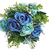 Soledi人工花フェイクローズ12 Heads Lifelike Snow Mountainローズのウェディングホームバー装飾 ブルー