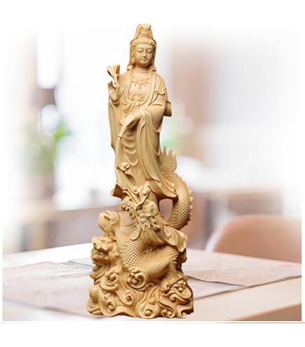 仏教美術　彫刻家　真海徳太郎作　木彫　観世音菩薩　仏像　置物　共箱　VR8302 Amazon｜EnergyPower 木彫り 観音菩薩像 仏像 細工の細かいハイ