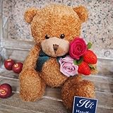 高岡大仏前花金　 プリザーブドフラワーアレンジメント　お花くまさん（茶くま　イチゴ　ピンク２種のバラ）（サイズ　幅　17ｃｍ　高さ20ｃｍ　）プリザーブドフラワーアレンジメント 誕生日　お祝い　母の日