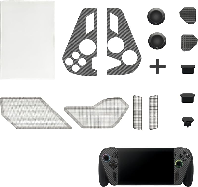 For ASUS ROG Xbox Ally X 用 防塵保護キット +ジョイスティックプロテクター x2【14in1】AriKroii ポートダストプラグ、カーボンファイバーパネルステッカー、ベントフィルター、ハンドヘルドゲームコンソール用クリーニングツールと 軽量 全面保護 防塵 防汚 擦れ防止 防水