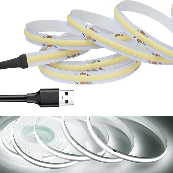 LEKE COB LED Light Strip, Flexible, High-Density, 98 LEDs/ft. (320 LEDs/m), DC 5 V, 180° Light, CRI>=90, Double-Sided Tape, Cuttable, for Home, Office, Indoors, 6000 K White Light, 16.4 ft. (5 m) - 1