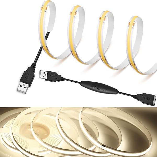 【Rye】 LED Strip Light DC5V COB Tape Light Suite, Flexible, High-Density LED Tape Light, 1m (3.3 ft), 320 LEDs/m, Daylight Color 4000K, 180° Emission, CRI>=90, Power Cord with Switch, 5-Step Dimming - 1