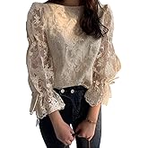 [SYitong] ブラウス 総レース レディース トップス 長袖 刺繍 花柄 バルーンスリーブ レトロ バルーン袖 可愛い エレガント 透け レース 女子力 韓国スタイル きれいめ 通勤