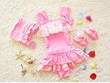 S&C Live 水着 キッズ子供 女の子 　ガールズ　ビキニワンピース＋キャップ2点セット水着　ピンク　可愛いレースとリボン付　ベビー水着　赤ちゃん水着　出産お祝いプレゼント　子供お誕生日プレゼント