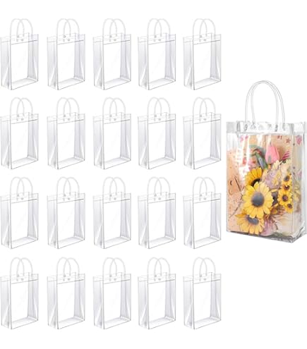 15Pack Clear Plastic OKA4 Bags With Handle,Reusable PP Wrap Tote Bags Ribbon Wedding Bridal Birthday Party Baby Shower Goodies Graduation Shopping Bu