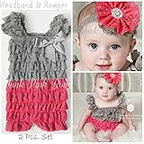 ロンパース＆ヴィンテージヘッドドレス☆ホットピンク＆グレー　newborn-4T(50-110)【２点セット】