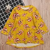 Liebeye 女の子プリンセスドレス　ガール　ロングスリーブ　フラワープリント　ファッショナブル　かわいい　ラウンドカラー　ドレス　スカート イエロー 140