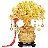 MYONEEN 木材 招財樹 金のなる木 黄水晶 シトリン 風水アイテム インテリア 金運祈願 開運 商売繁盛祈願 パワーストーン お礼 新年 贈り物 (L 金蟾) (金)