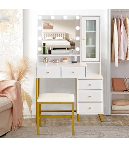 Amazon｜ドレッサー 白、ミラーとライト付きの化粧台、引き出し付き