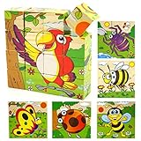 Prow 16 pcs木製キューブブロックJigsawパズルwith Bee Parrotてんとう虫Spiderカラフルな創造性キューブブロックfor Boys and Girls