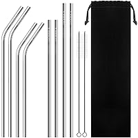 ステンレス製ストロー、GOMMLE再利用可能な金属製ストロー、長さ10.5"/8.5"外径0.24"/0.6cm、スムージー、ミルクシェイク、カクテル、ホットドリンクに最適、掃除用ブラシ、持ち運び用ポーチ付き（8本入り）