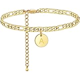 FOSIR 18K Gold Plated Stainless Steel Figaro Chain Anklet for Women Girls, Initial Ankle Bracelets