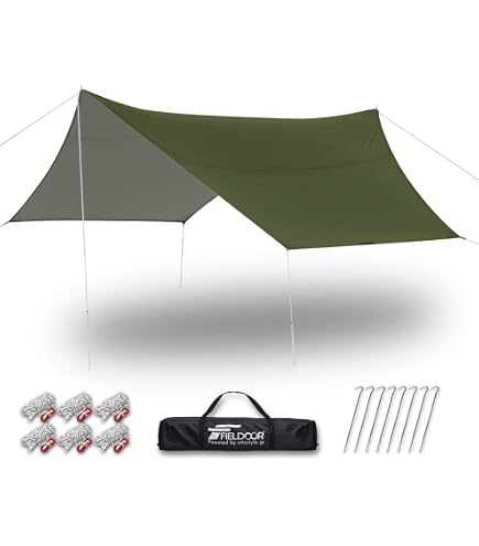 Amazon | FIELDOOR ヘキサ タープ Mサイズ 440×470cm 【カーキ】 収納