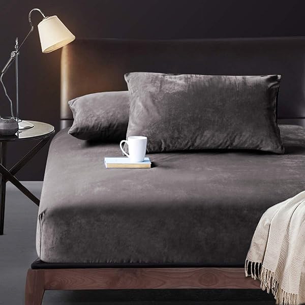 Kjada Fitted Sheet, Flannel Bed Sheet, Pile Fabric, Microfiber, Warm, Soft, Antibacterial, Odor Resistant, Mattress Cover, Bed Cover, For Fall and Winter, Gray, Queen, 63.0 x 78.7 x 11.8 inches (160 x - 1