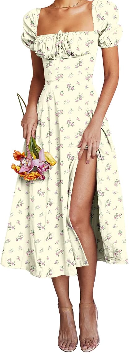 Linsery Women's Puff Sleeve Floral Maxi Dress Elegant Square Neck  Cottagecore Boho Split Long Dresses, Beige, Small : Amazon.com.au:  Clothing, Shoes u0026 Accessories
