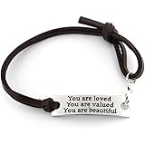 saying stamped "You are loved You are valued You are beautiful" leather inspirational bracelet