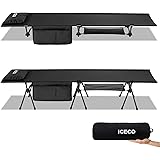 【Upgrade】ICECO コット 1000D 耐荷重180KG 軽量2.8KG 2WAY ハイ/ロー切替可能 静音設計 キャンプ アウトドア ベッド 折りたたみ式 組立簡易 コンパクト 収納バッグ付き 日本語説明書付 (ブラック)
