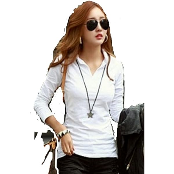 Amazon | カットソー 長袖 トップス レディース 無地 襟付き V