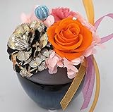 純粋100％プリザーブドと高級西陣着物素材のフラワーピック　和風 クリアケースとリボン、スワロフスキー付き (オレンジ)