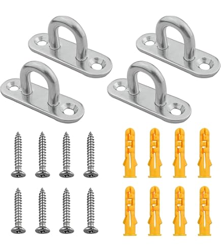 Wokape 4-Pack M5 304 Stainless Steel Ceiling Hooks – Pad Eye Plate Staple Ring Loop, Heavy Duty 150LB Capacity, For Hanging Plants, Shades, & Outdoor Gear (Square/Silver)