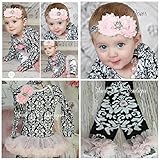 ベビーチュチュ付きロンパース、レッグウォーマー＆ヘアバンド【３点セット】ピンク＆ブラックダマスク柄☆０才～３才！