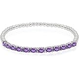 Sterling Silver Genuine, Created or Simulated Gemstone Oval Beaded Stretch Tennis Style Bracelet