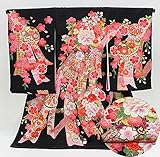 刺繍金彩 百花 鞠 鼓 熨斗柄 黒地 お宮参り 着物 女の子（初着 産着 のしめ）【絹100% 友禅 】