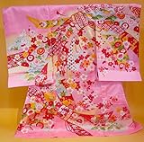 【正絹】 お宮参り着物　（初着・産着）　女児　M5-17 熨斗目に華柄ピンク　新品仕立上り　★もれなく８大特典付！