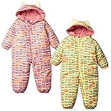 (クリーム/90cm)ベビー服 女の子 アウター ジャンプスーツ 中綿 裏フリース 撥水加工 ネコ リボン 総柄 リボン ボア耳付きフード 女児 ベビー