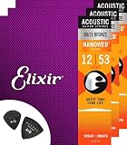 Elixir エリクサー 80/20 ブロンズ アコースティック ギター 弦 3 セット ライト 012-053 ナノウェブ コーティング 弦 + Musent ピック 2枚付 お試しセット 11052-3P