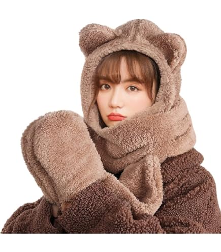 Amazon.co.jp: Makuki 帽子 帽子 マフラー 手袋 3点セット 一体型