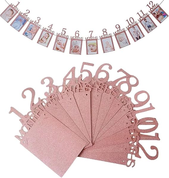 Birthday Photo Garland Photo Frame Decor 1st 12 Months Birthday Party Celebration Decor Wall Hanging Picture Frame Picture Frame Anniversary Baby Wedding with String (Rose Gold) - 1