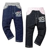 (ネイビー/95cm)ベビー服 女の子 ロング パンツ ボトム デニムニット ギンガムチェック切替 ロゴプリント ウエストゴム 女児 ベビー