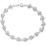Created Opal Inlay Hawaiian White Plumeria Flower or Green Lucky Clover Leaf Link Charm Bracelet For Women .925 Sterling Silv