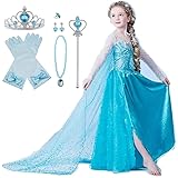 [YITING] 子供 用 プリンセス エルサ ドレス コスチューム アナ雪エルサ ドレス 豪華7点セット ・アイスブルー (プリンセスドレス, ハートのティアラ, 魔法のステッキ, 手袋, ネックレス, リング, イヤリング）