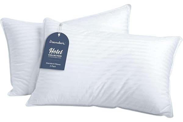 Dreamaker Dreamaker Hotel Collection Cotton Sateen Striped Cover Microfibre Pillow Hypo-allergenic Anti-dust mite Designed to Support Neck, Side, Stomach, and Back Sleepers - Standard Size 73x48cm (Pack of 2)