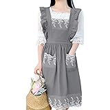 [TOWYYO] エプロン レディース かわいい ワンピース型 綿100％ おしゃれ フリル レース ポケット付き 肩掛け キッチン カフェ風 料理教室 無地 ロング丈 北欧風 ワンピースタイプ