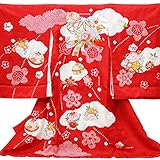 【お宮参り着物】【桶絞り/手絞り/雲取り柄に刺繍で毬と熨斗の柄】正絹 女の子 赤地【風呂敷プレゼント/ギフト包装】