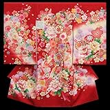 お宮参り　着物　女の子　正絹初着　赤　桜　まり　刺繍牡丹　金コマ刺繍使い　地紋生地