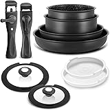 BEZIA Induction Cookware Set 10 Pieces, Nonstick Pots and Pans Set with Removable Handles, for All Hobs, Stackable Design, Di