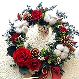 プリザーブドフラワー真紅の薔薇と真っ白な綿の実のクリスマスリース 室内用