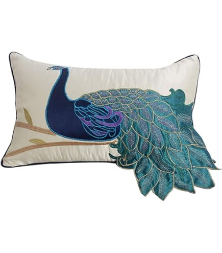 Vctops Embroidered Peacock Decorative Throw Pillow Case Silky Satin Cushion Cover Peacock 3 12"X20 - View #7