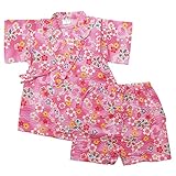 《盛夏 甚平》(ジンベイ) 日本製ベビー女児 リップル生地カラフル花総柄衿フリル甚平スーツ 95cm/ピンク NO.OG-75559