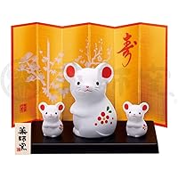 薬師窯(yakushigama) 干支の置物 錦彩招福 子 (紅梅・子ねずみ付) 2020 白 (親)高さ7cmx横巾5.5cm(子)高さ各3cmx横巾各2.5cm 招福干支 73