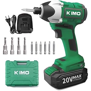 KIMO コードレスインパクトドライバー 20V インパクトドライバー 充電式 無段変速・正逆転両用 ブラシレスモーター採用 最大トルク300N・m 2.0Ah 大容量電池搭載 LEDライト付き 過負荷保護 過熱保護 放電保護 DIY 日曜大工 家具の組立て ドライバービット6本 ソケット4本 (バッテリー・充電器・ケース・日本語取扱説明書付き) QM-3601b 一年保証 PSE認証済み