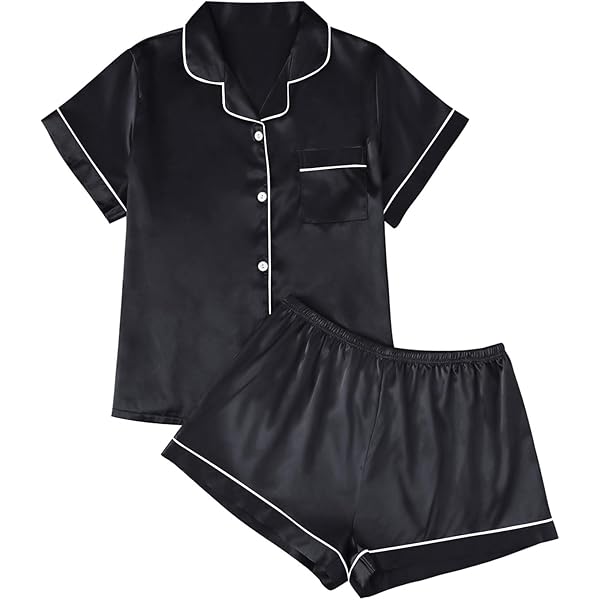 Remidoo Women's Satin Pajama Set | Short Sleeve Button-Down 2 Piece Sleepwear